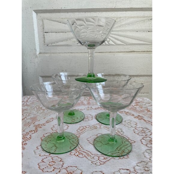 Vintage 1930s Set 5 Etched Stemware Glasses Uranium Base - Picture 10 of 16